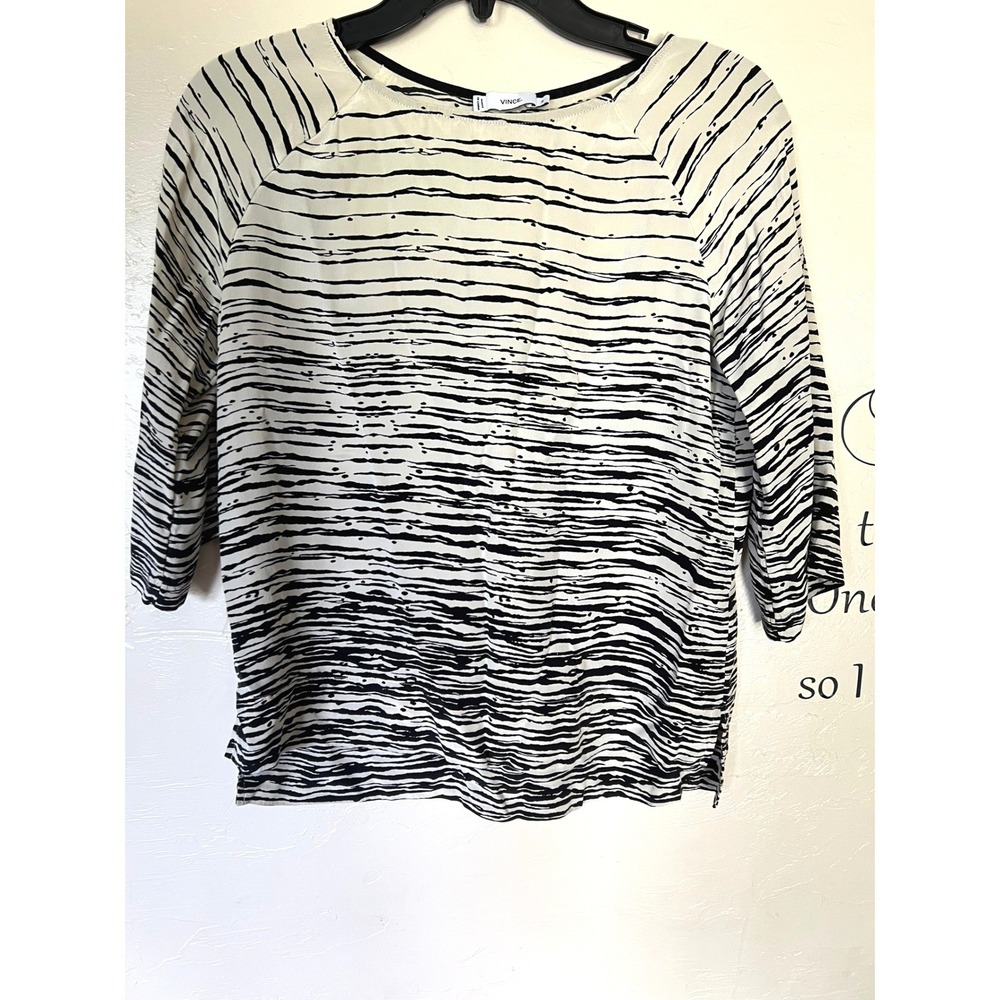 Vince‎ Black Cream Abstract Stripe 100% Silk Raglan Blouse XS Office Minimal